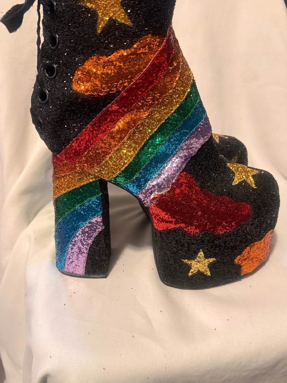 Dolls Kill Stars and Stripes black glitter platform lace back boots size 11